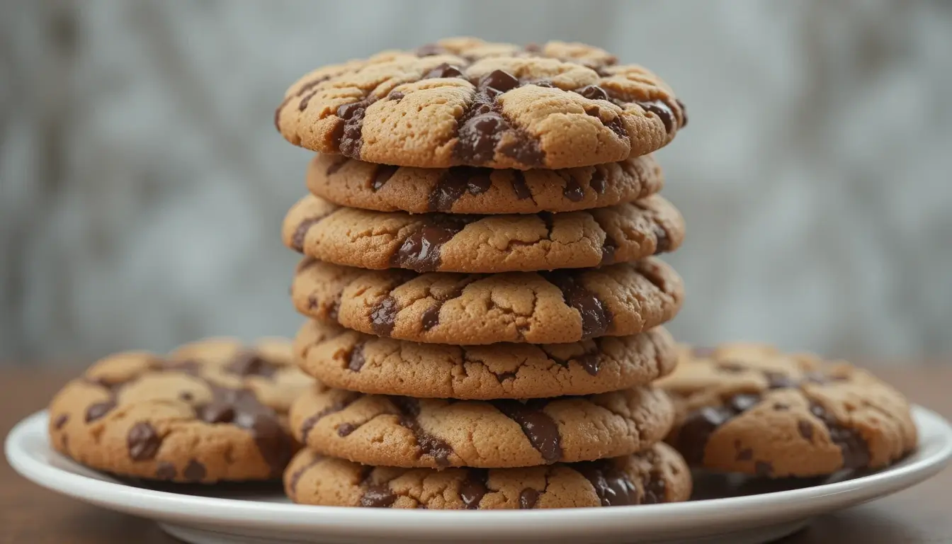 A stack of freshly baked chocolate chip cookies with a golden brown texture and melted chocolate chunks, inspired by the Jacques Torres chocolate chip cookie recipe.