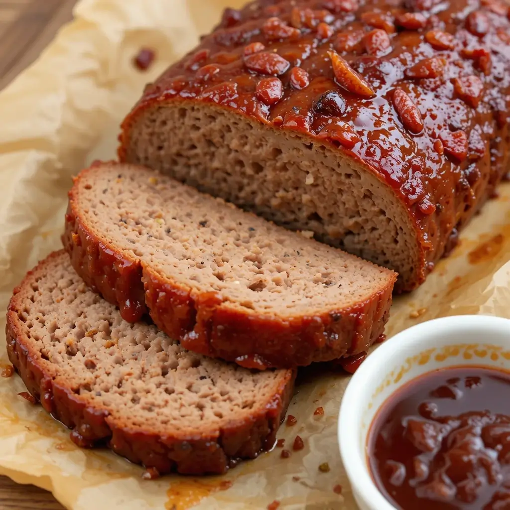 A juicy meatloaf recipe Lipton onion soup, glazed with a rich, tangy sauce and garnished with caramelized onions, served on parchment paper with a side of flavorful dipping sauce.