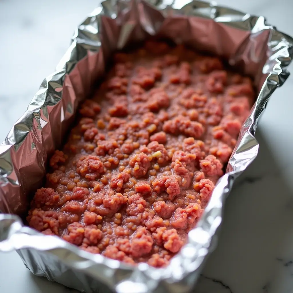 Uncooked meatloaf recipe Lipton onion soup mixture in a foil-lined loaf pan, ready to be baked into a flavorful and juicy dish.