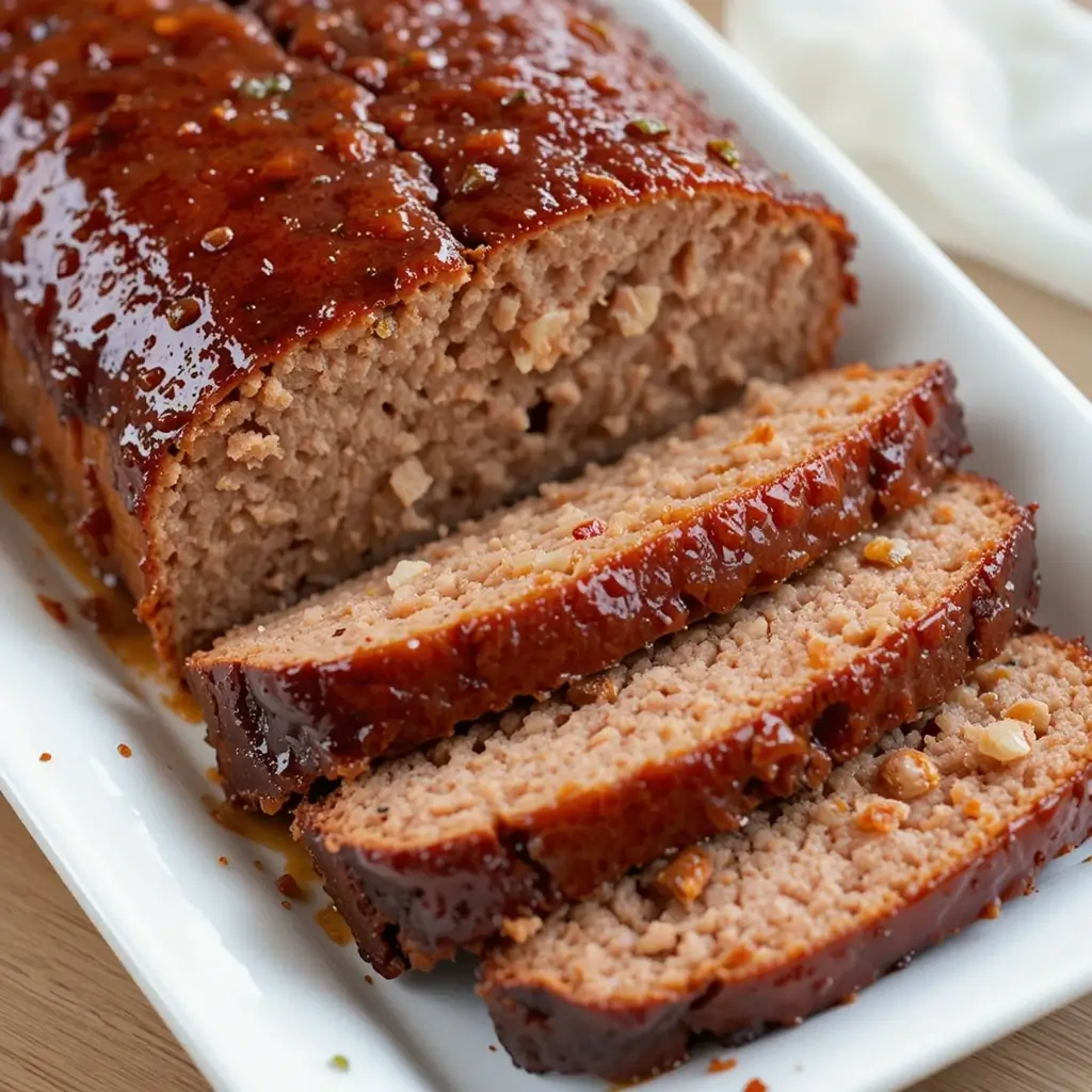 A perfectly baked meatloaf recipe Lipton onion soup, sliced and served on a white plate, glazed with a rich, tangy sauce for a delicious and juicy finish.