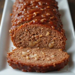 A moist and flavorful meatloaf recipe Lipton onion soup, topped with a rich, onion-infused glaze, sliced and served on a white platter.