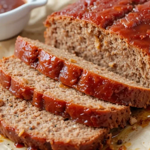 A freshly baked meatloaf recipe Lipton onion soup, sliced and topped with a rich, tangy glaze, served on parchment paper with a side of savory dipping sauce.