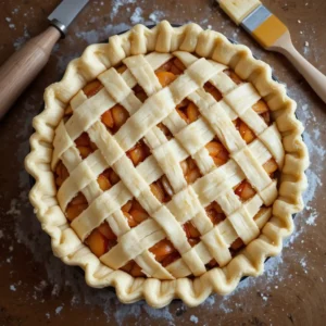 An unbaked peach pie with canned peaches featuring a neatly woven lattice crust and crimped edges, sitting on a floured wooden surface with a pastry brush and knife nearby.