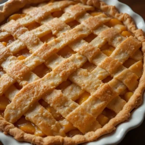 A close-up of a freshly baked peach pie with canned peaches, featuring a golden-brown lattice crust with sugar sprinkles and a glossy, sweet peach filling in a white ceramic dish.