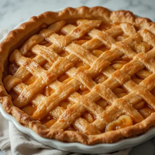 A freshly baked peach pie with canned peaches in a white ceramic dish, featuring a golden lattice crust with a glossy, sweet peach filling, placed on a marble countertop.