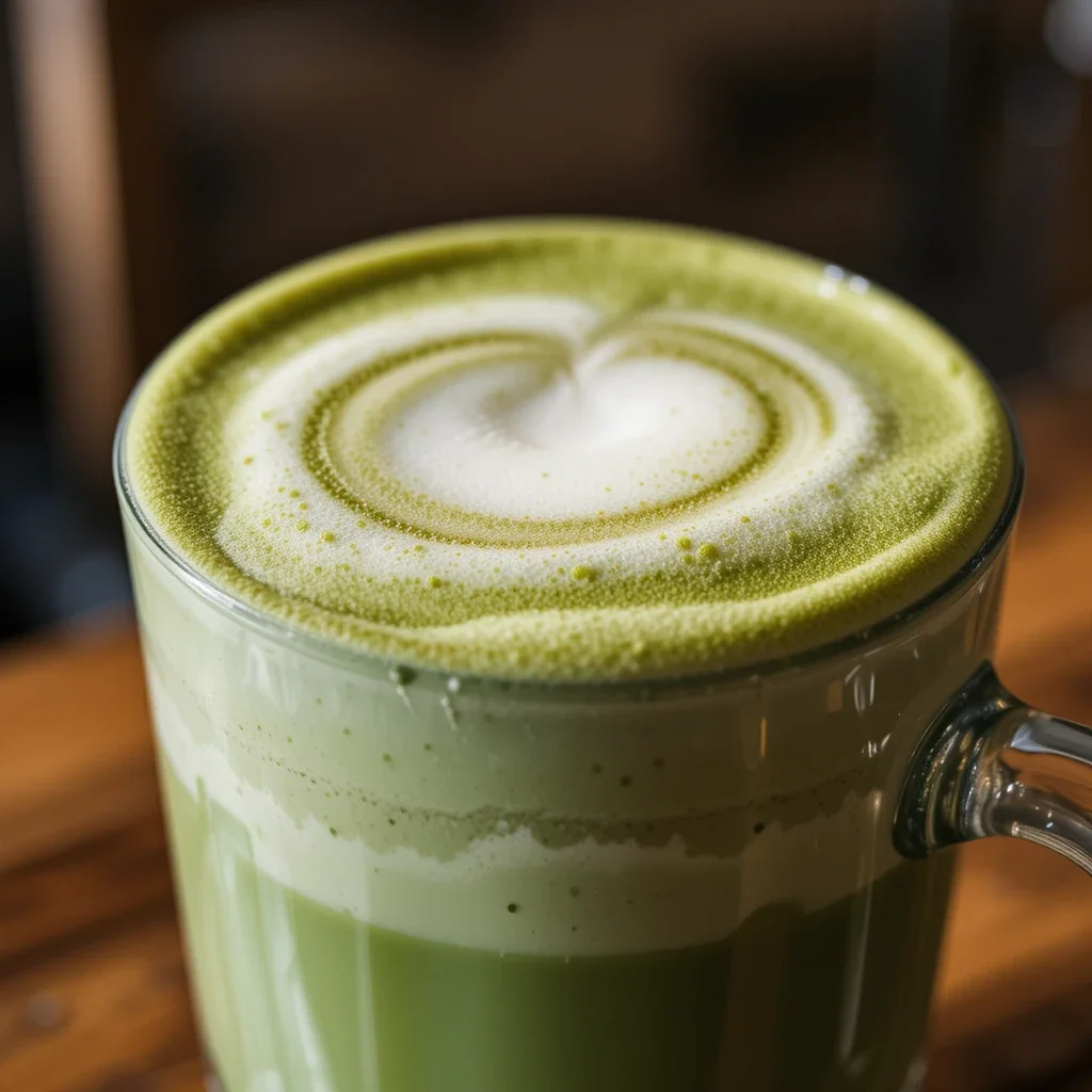 A frothy Starbucks matcha latte recipe served in a clear glass mug with creamy layers and a heart-shaped latte art design on top.