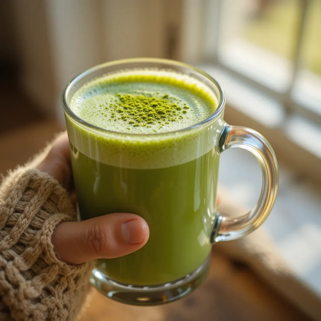 A warm and cozy Starbucks matcha latte recipe served in a glass mug, topped with vibrant green matcha powder, held by a hand in a knitted sweater near a sunlit window.