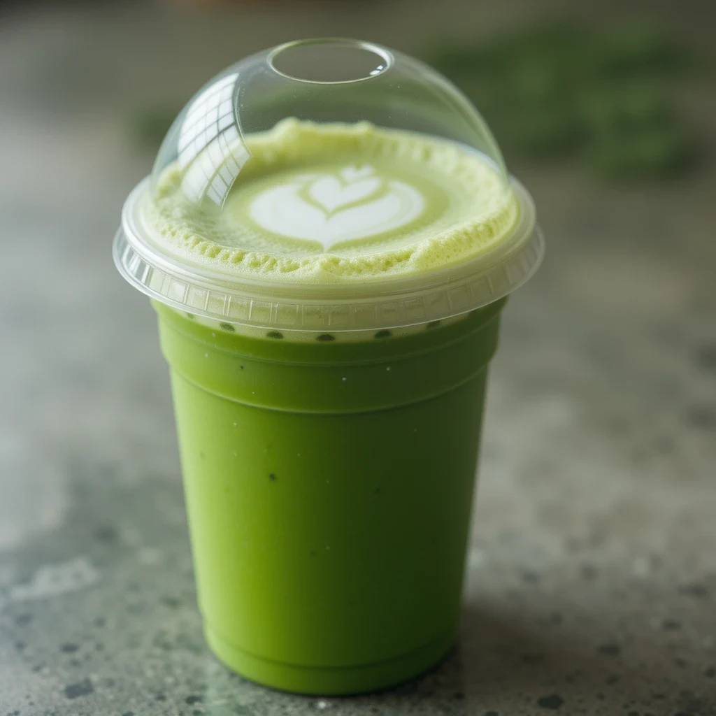 A refreshing Starbucks matcha latte recipe served in a takeaway cup with a dome lid, featuring creamy froth and delicate latte art on top.