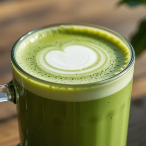 A rich and creamy Starbucks matcha latte recipe served in a glass mug, topped with heart-shaped latte art, placed on a wooden table with a potted plant in the background.