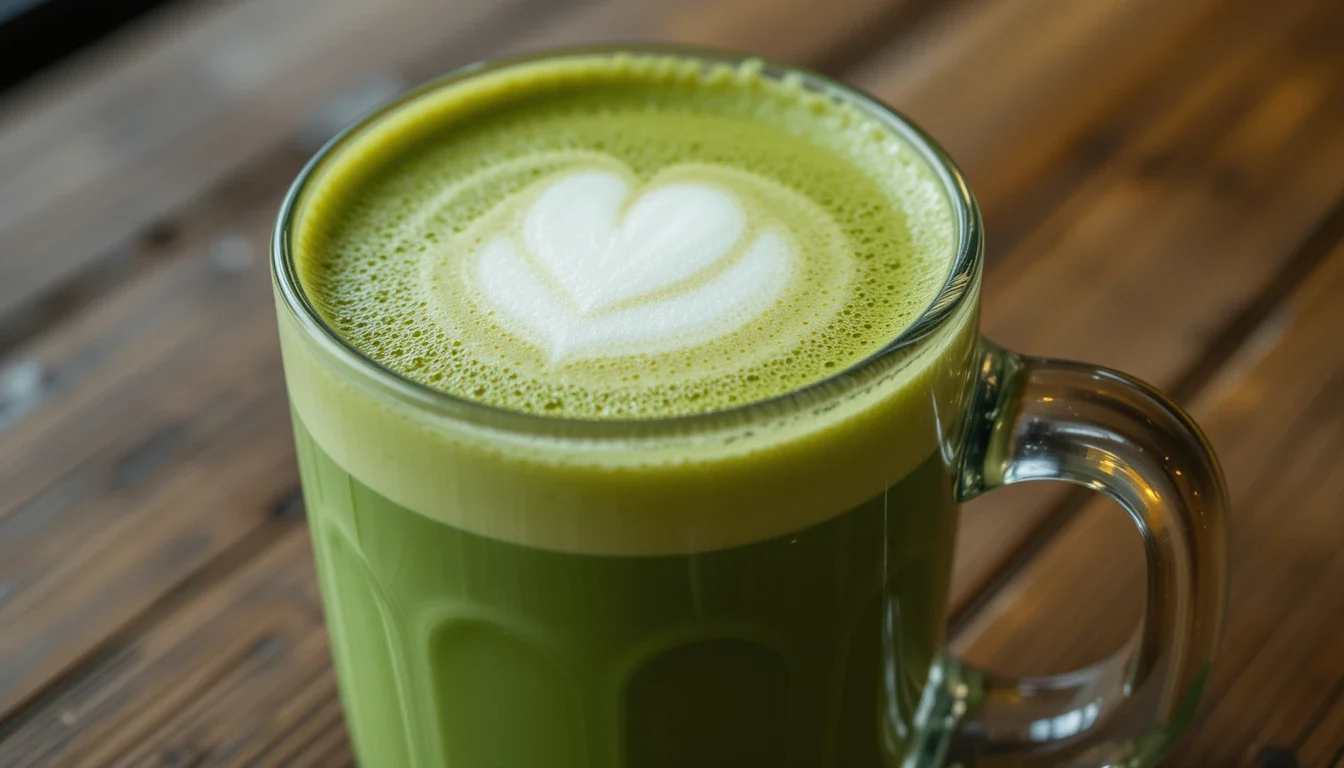 A creamy Starbucks matcha latte recipe served in a glass mug with a heart-shaped latte art on top, placed on a rustic wooden table.